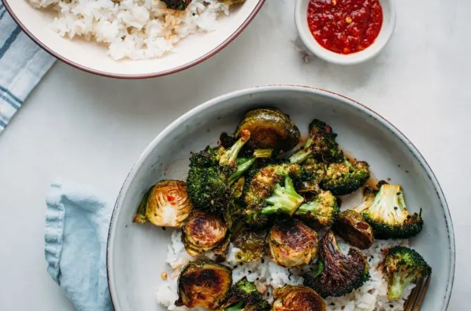 Roasted Broccoli and Brussels Sprouts with Sesame Soy Sauce - Tastemaker Blog
